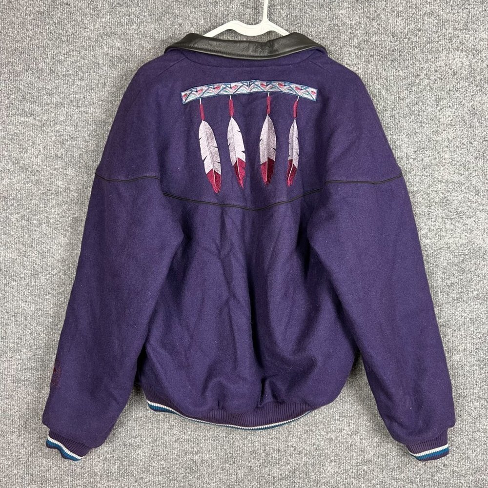 Vintage Aztec Feather Embroidered Midwest Garment Co. Leather Collar Wool Jacket - Picture 2 of 10